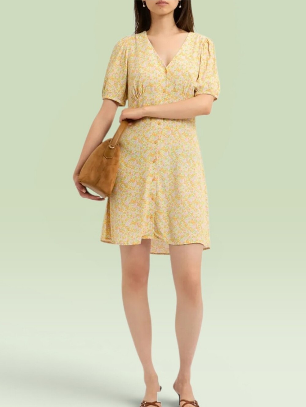 & Other Stories Zora Yellow Floral Print Button Front Puff Sleeve Mini Dress
